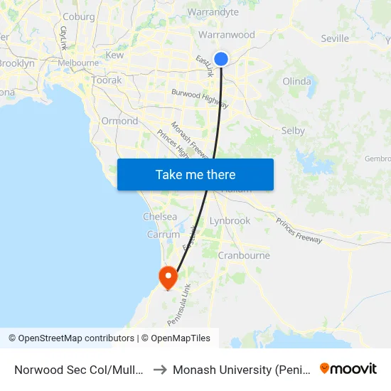Norwood Sec Col/Mullum Mullum Rd to Monash University (Peninsula Campus) map