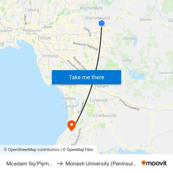 Mcadam Sq/Plymouth Rd to Monash University (Peninsula Campus) map