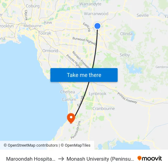 Maroondah Hospital/Grey St to Monash University (Peninsula Campus) map