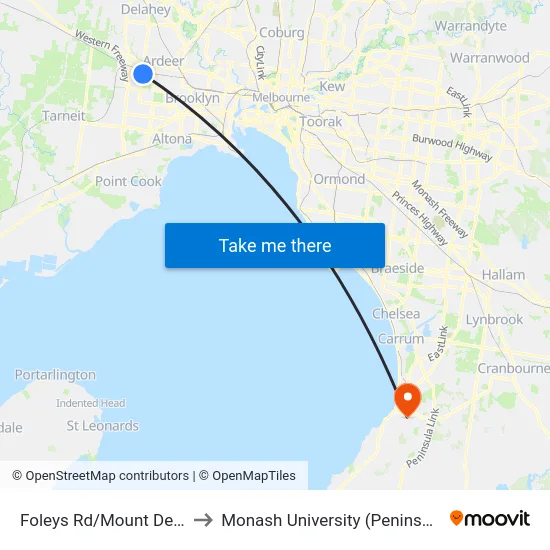 Foleys Rd/Mount Derrimut Rd to Monash University (Peninsula Campus) map