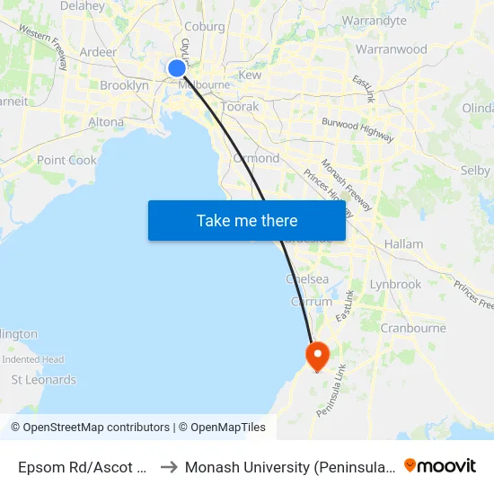 Epsom Rd/Ascot Vale Rd to Monash University (Peninsula Campus) map