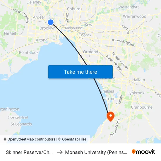 Skinner Reserve/Churchill Ave to Monash University (Peninsula Campus) map