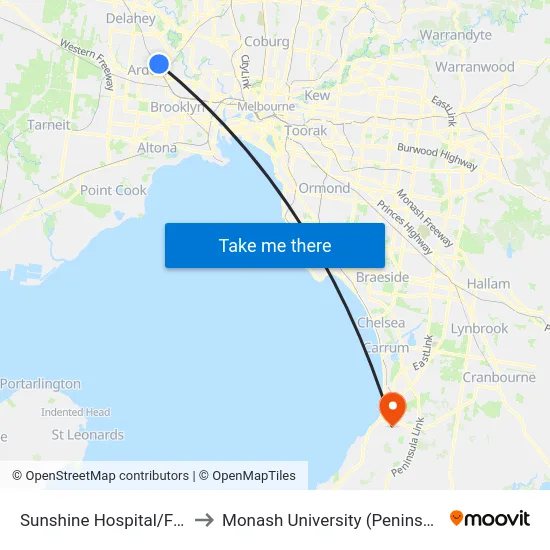 Sunshine Hospital/Furlong Rd to Monash University (Peninsula Campus) map
