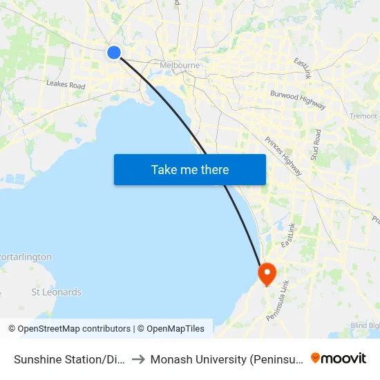 Sunshine Station/Dickson St to Monash University (Peninsula Campus) map