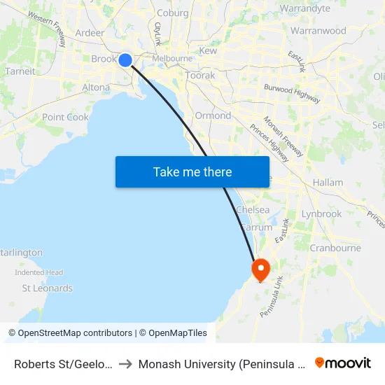 Roberts St/Geelong Rd to Monash University (Peninsula Campus) map