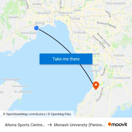 Altona Sports Centre/Queen St to Monash University (Peninsula Campus) map