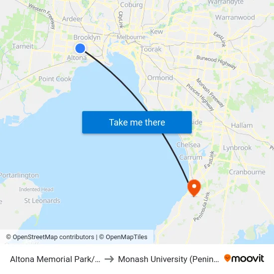 Altona Memorial Park/Dohertys Rd to Monash University (Peninsula Campus) map