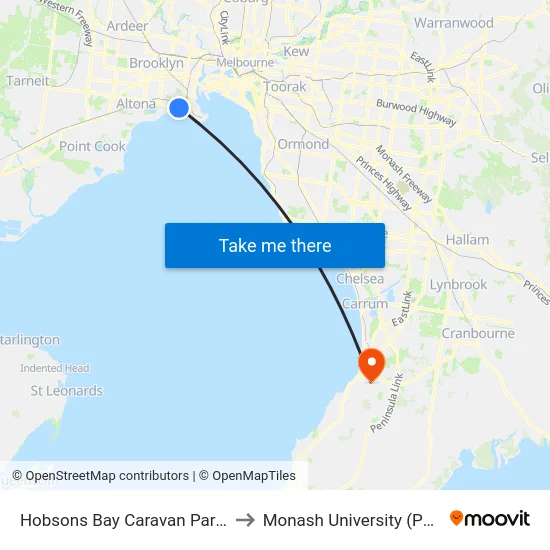 Hobsons Bay Caravan Park/Kororoit Creek Rd to Monash University (Peninsula Campus) map