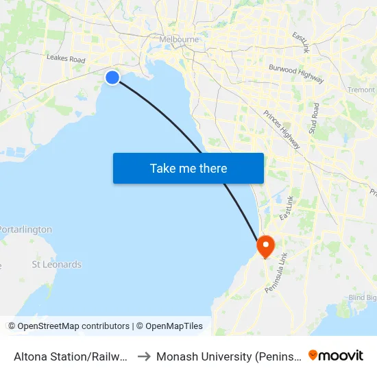 Altona Station/Railway St South to Monash University (Peninsula Campus) map