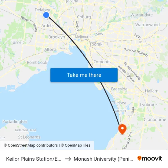 Keilor Plains Station/East Esplanade to Monash University (Peninsula Campus) map