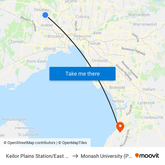 Keilor Plains Station/East Esplanade (St Albans) to Monash University (Peninsula Campus) map