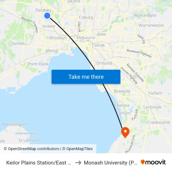 Keilor Plains Station/East Esplanade to Monash University (Peninsula Campus) map