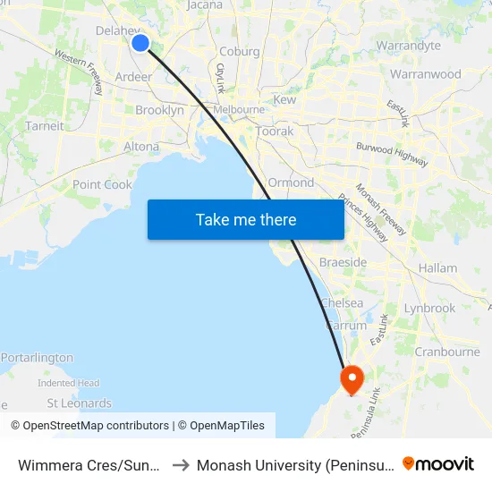 Wimmera Cres/Sunshine Ave to Monash University (Peninsula Campus) map