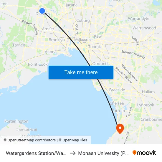 Watergardens Station/Watergardens Circuit Rd to Monash University (Peninsula Campus) map