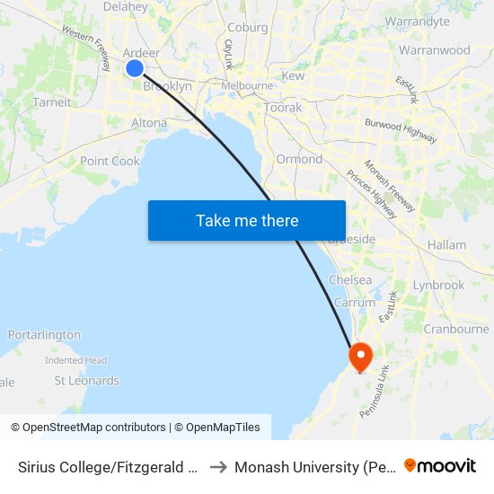 Sirius College/Fitzgerald Rd (Sunshine West) to Monash University (Peninsula Campus) map