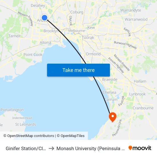 Ginifer Station/Clare St to Monash University (Peninsula Campus) map