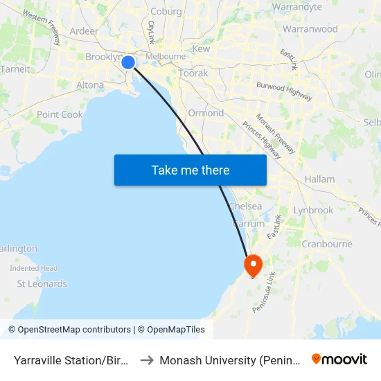 Yarraville Station/Birmingham St to Monash University (Peninsula Campus) map