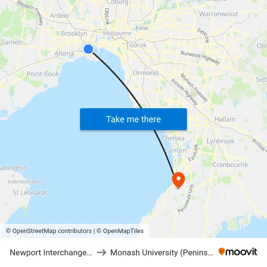 Newport Interchange/Mason St to Monash University (Peninsula Campus) map