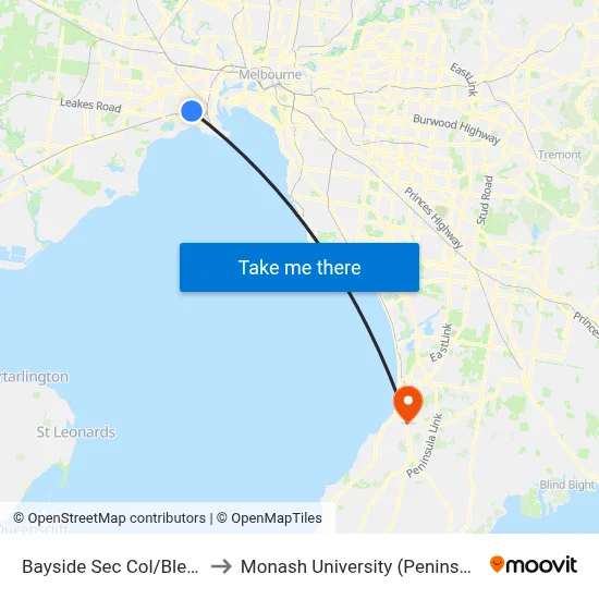 Bayside Sec Col/Blenheim Rd to Monash University (Peninsula Campus) map