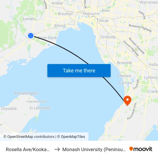 Rosella Ave/Kookaburra Ave to Monash University (Peninsula Campus) map