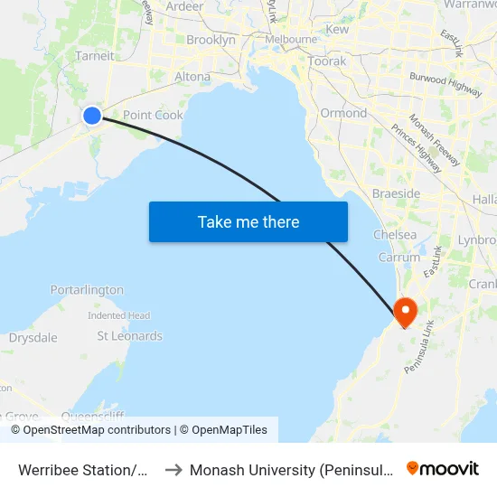 Werribee Station/Manly St to Monash University (Peninsula Campus) map