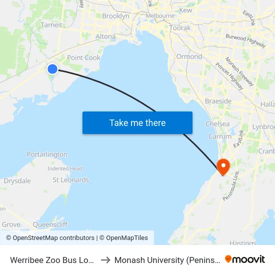 Werribee Zoo Bus Loop/Main Dr to Monash University (Peninsula Campus) map