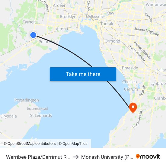 Werribee Plaza/Derrimut Rd (Hoppers Crossing) to Monash University (Peninsula Campus) map