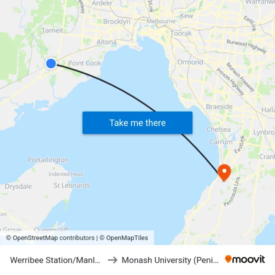 Werribee Station/Manly St to Monash University (Peninsula Campus) map