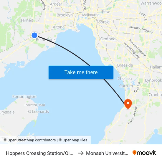 Hoppers Crossing Station/Old Geelong Rd to Monash University (Peninsula Campus) map
