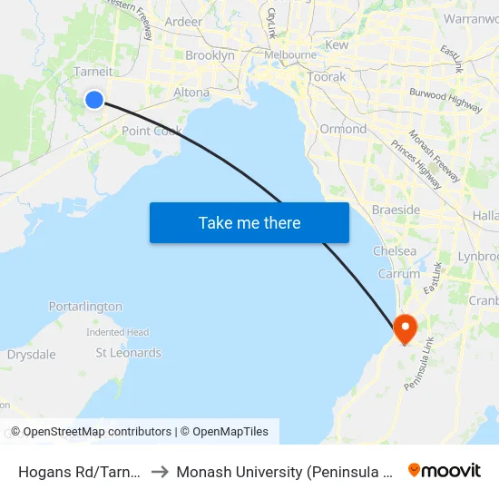 Hogans Rd/Tarneit Rd to Monash University (Peninsula Campus) map