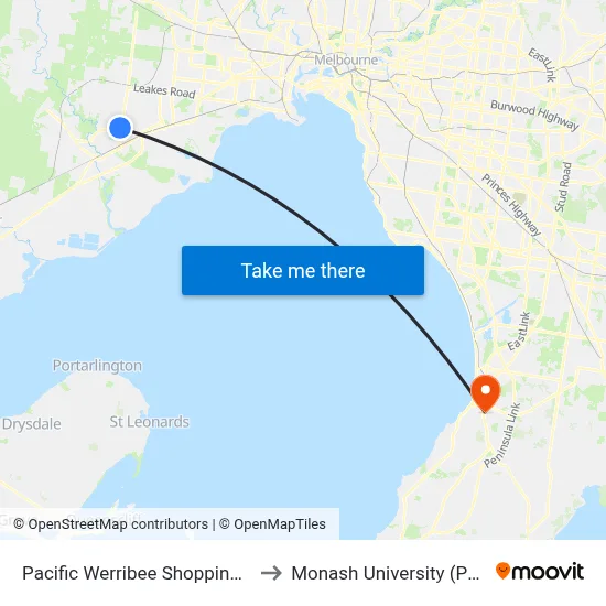 Pacific Werribee Shopping Centre/Derrimut Rd to Monash University (Peninsula Campus) map
