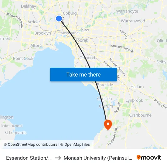 Essendon Station/Rose St to Monash University (Peninsula Campus) map