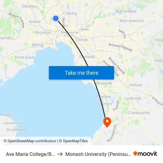 Ave Maria College/Buckley St to Monash University (Peninsula Campus) map