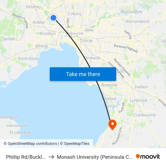 Phillip Rd/Buckley St to Monash University (Peninsula Campus) map