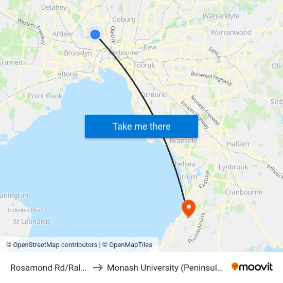 Rosamond Rd/Raleigh Rd to Monash University (Peninsula Campus) map
