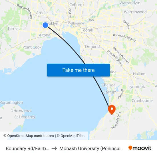 Boundary Rd/Fairbairn Rd to Monash University (Peninsula Campus) map