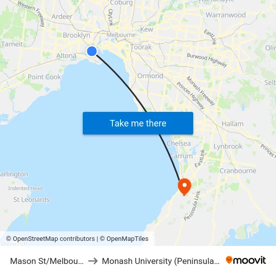 Mason St/Melbourne Rd to Monash University (Peninsula Campus) map