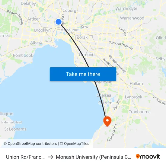 Union Rd/Francis St to Monash University (Peninsula Campus) map