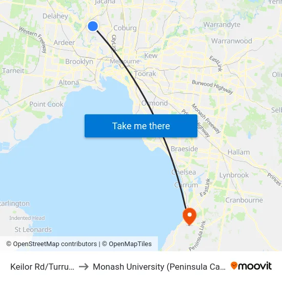 Keilor Rd/Turrun St to Monash University (Peninsula Campus) map