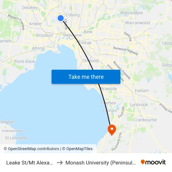 Leake St/Mt Alexander Rd to Monash University (Peninsula Campus) map