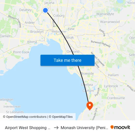 Airport West Shopping Centre/Louis St to Monash University (Peninsula Campus) map