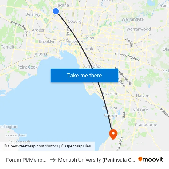 Forum Pl/Melrose Dr to Monash University (Peninsula Campus) map