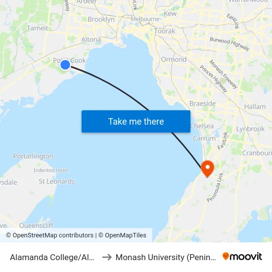 Alamanda College/Alamanda Bvd to Monash University (Peninsula Campus) map