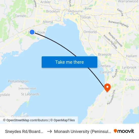 Sneydes Rd/Boardwalk Bvd to Monash University (Peninsula Campus) map