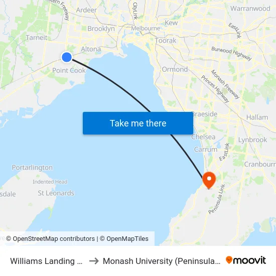 Williams Landing Station to Monash University (Peninsula Campus) map
