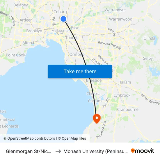 Glenmorgan St/Nicholson St to Monash University (Peninsula Campus) map