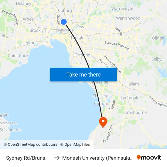 Sydney Rd/Brunswick Rd to Monash University (Peninsula Campus) map