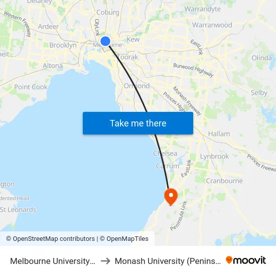 Melbourne University/Royal Pde to Monash University (Peninsula Campus) map