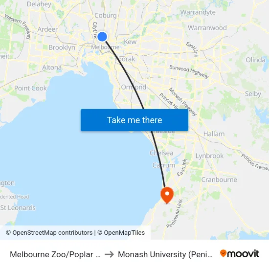 Melbourne Zoo/Poplar Rd to Monash University (Peninsula Campus) map