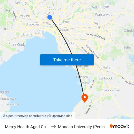 Mercy Health Aged Care/William St to Monash University (Peninsula Campus) map